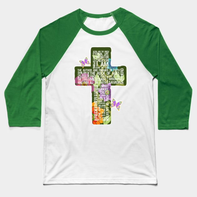 Floral Jesus Names Cross Baseball T-Shirt by AlondraHanley